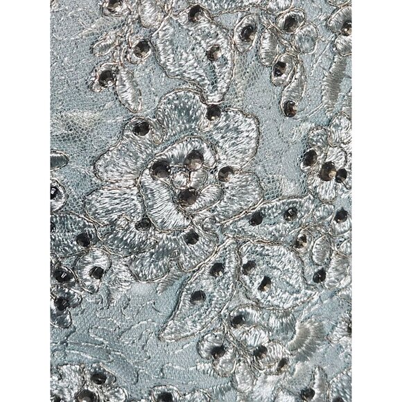 NWT Deep Aqua/Silver Embroidered Chiffon Flutter Sleeve Formal Dress - Picture 12 of 14